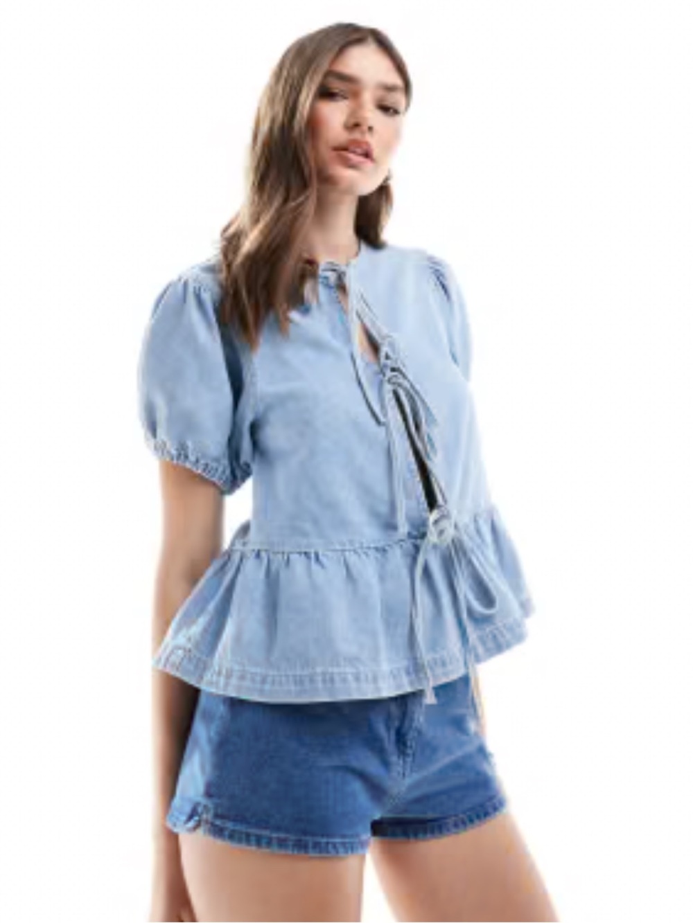 Light Blue Denim Peplum cardigan style boho Tie-Front Top - Women L